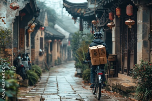 Courier Delivering Package by Bicycle in Old Village