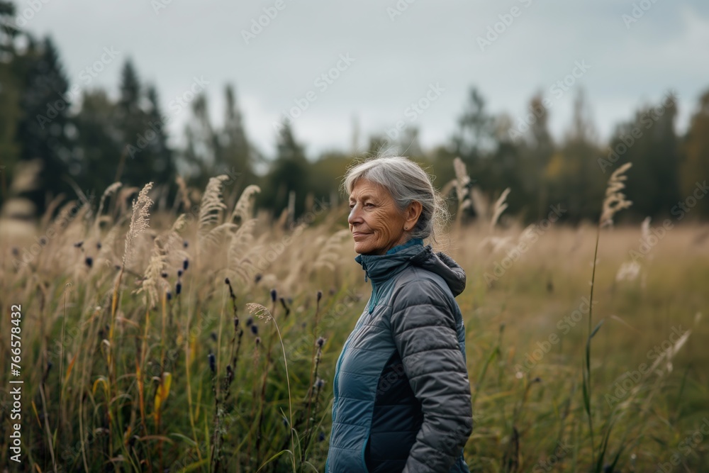 A senior woman standing amidst tall grass in an open field. A senior woman standing amidst tall grass in an open field.