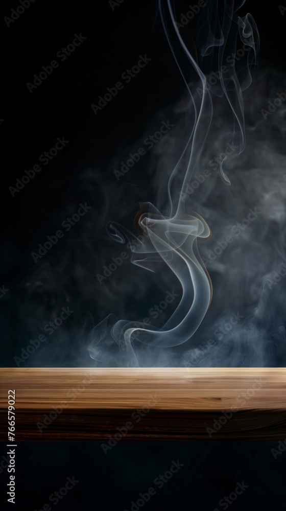 Sophisticated product display: an exquisitely empty wooden table, bathed in a soft, ambient light that highlights its smooth surface, with smoke backdrop.
