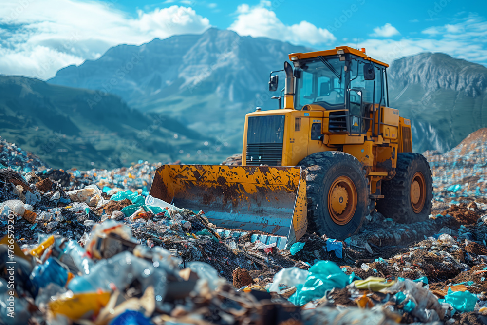 Vehicle wheel crushing trash in natural landscape, under cloudy sky Vehicle wheel crushing trash in natural landscape, under cloudy sky