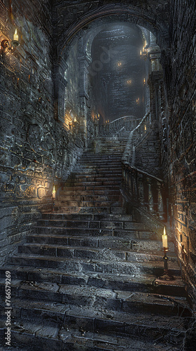 A rustic staircase in an old castle  with torches lighting the way up to the battlements.