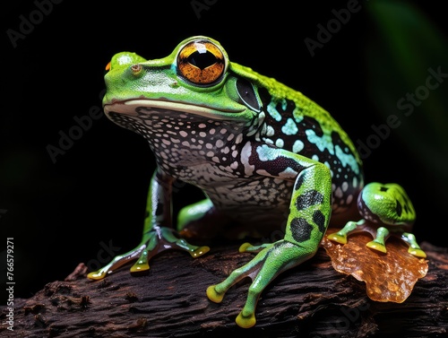 Javan tree frog perched gracefully on vibrant green moss, contrasting against a dark black background. Its emerald skin shines in the light, adorned with intricate patterns. 