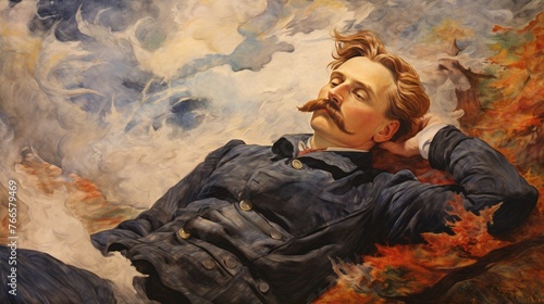 A man with a mustache is laying on a rock. The painting is of a man in a blue jacket and a mustache photo