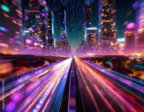 Long exposure photo of the street in the night , big city lights generative Ai