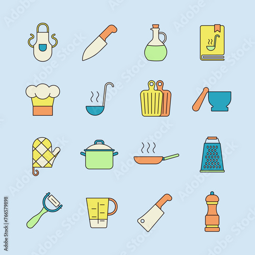 Cooking foods and kitchen vector icon set