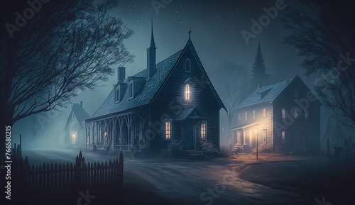 Haunted houses in an old village in mysterious dim light, on a misty night. Halloween mood. photo