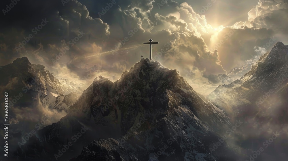 Easter background. Happy easter! Crucifix on a mountain against the sky - obrazy, fototapety, plakaty 