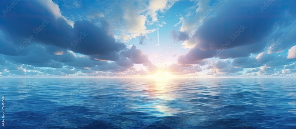 The electric blue sky meets the horizon as the sun shines through the cumulus clouds over the liquid expanse of the ocean, creating a stunning natural landscape The electric blue sky meets the horizon as the sun shines through the cumulus clouds over the liquid expanse of the ocean, creating a stunning natural landscape