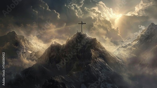 Easter background. Happy easter! Crucifix on a mountain against the sky photo