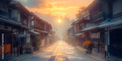 Sunrise over a quiet Japanese city street with a mix of traditional and modern buildings. Concept Urban Landscapes, Traditional Architecture, Sunrise Scenes, Japanese Cities, City Streets