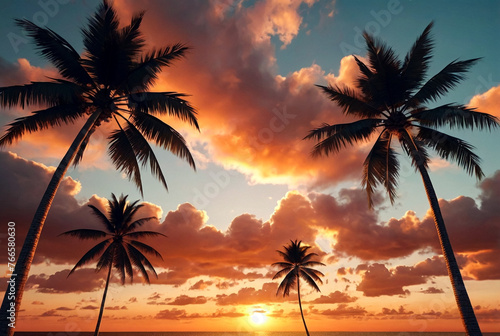 Background tropical natural landscape with coconut palm trees on fantastic sunset  amazing orange sky with clouds. Concept of summer vacation and business travel. Beauty in tropic climate. Copy space