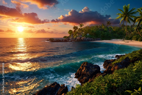 Background tropical nature landscape with sunset on fantastic seascape  amazing orange sky with clouds on ocean coastline. Concept of summer vacation and business travel. Beautiful in tropical climate