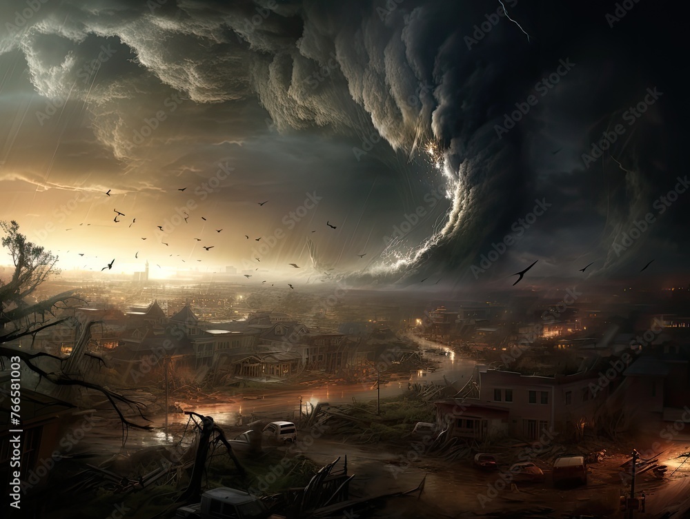 destructive tornado tearing through a city, leaving a path of havoc and destruction in its wake. Buildings crumble, debris flies through the air, and panicked residents flee for safety.  - obrazy, fototapety, plakaty 