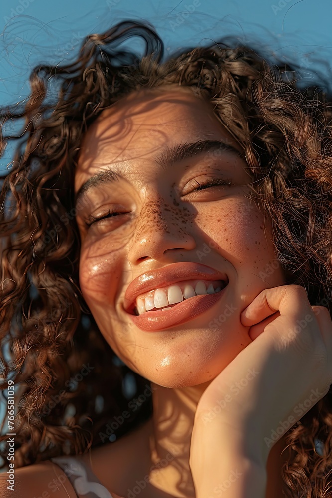 Smiling curly-haired woman under a sunny sky. Smiling curly-haired woman under a sunny sky.