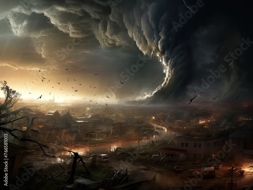 destructive tornado tearing through a city, leaving a path of havoc and destruction in its wake. Buildings crumble, debris flies through the air, and panicked residents flee for safety. 