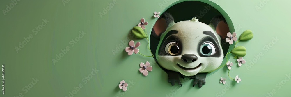 Playful panda peeking through a green circle with flowers, Concept of fun, nature, and springtime joy
Playful panda peeking through a green circle with flowers, Concept of fun, nature, and springtime joy
