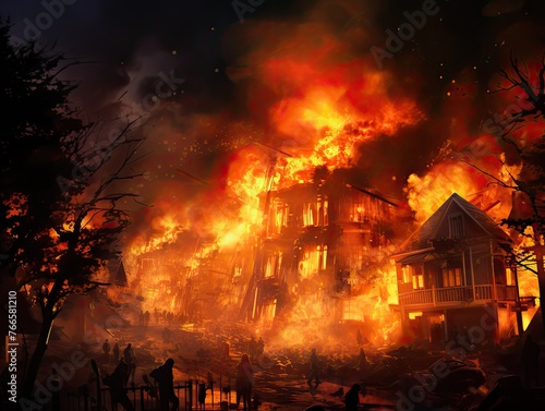 burning building engulfed in flames, with thick black smoke billowing into the sky. The intense heat radiates from the inferno, 