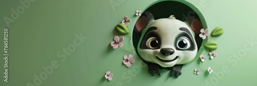 Playful panda peeking through a green circle with flowers, Concept of fun, nature, and springtime joy
