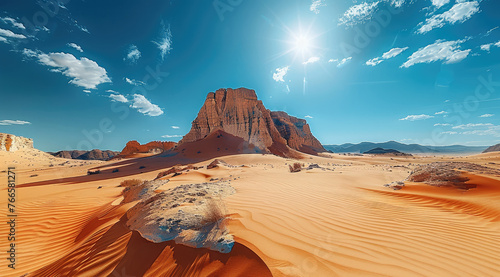 Beautiful landscape, sand desert, bright sunny day, clear blue sky. Generative AI.