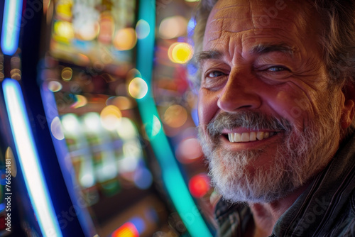 A close-up of a handsome middle-aged man at a casino, his face illuminated by the soft light of the slot machines. His smile is infectious