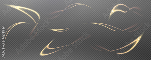 Vector png background with gold glowing lines. Gold glowing lines of speed. Light glow effect. Light trail wave, fire trail line and glow curve swirl.