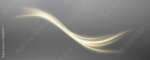 Vector png background with gold glowing lines. Gold glowing lines of speed. Light glow effect. Light trail wave, fire trail line and glow curve swirl.