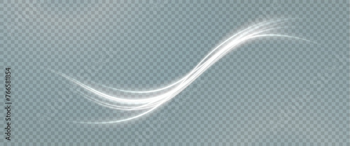 Vector png background with white glowing lines. White glowing lines of speed. Light glow effect. Light trail wave, fire trail line and glow curve swirl.