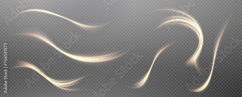 Vector png background with gold glowing lines. Gold glowing lines of speed. Light glow effect. Light trail wave, fire trail line and glow curve swirl.