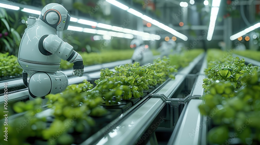 An AI-generated concept in the farm of the future, showing multiple robotic arms in a huge high-tech greenhouse, tending to rectangular plant beds and rows of small plants. Generative AI. An AI-generated concept in the farm of the future, showing multiple robotic arms in a huge high-tech greenhouse, tending to rectangular plant beds and rows of small plants. Generative AI.