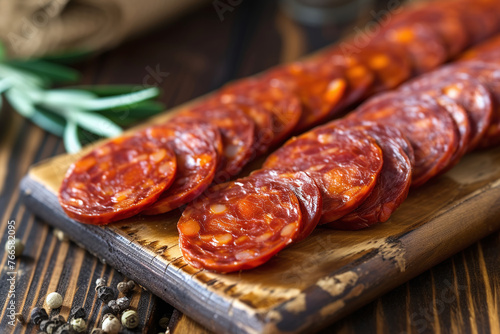 Spanish traditional chorizo sausage on a wooden board. Close up
