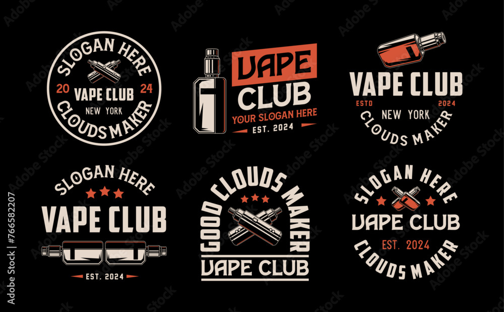 Set of vape shop logo emblem templates vector illustration. Smoke shop logo. Design elements for logo, label, badge, sign. Monochrome labels set for vaping and electronic cigarette. 