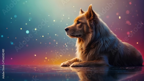 portrait of a cute dog sitting on abstract background with space for text