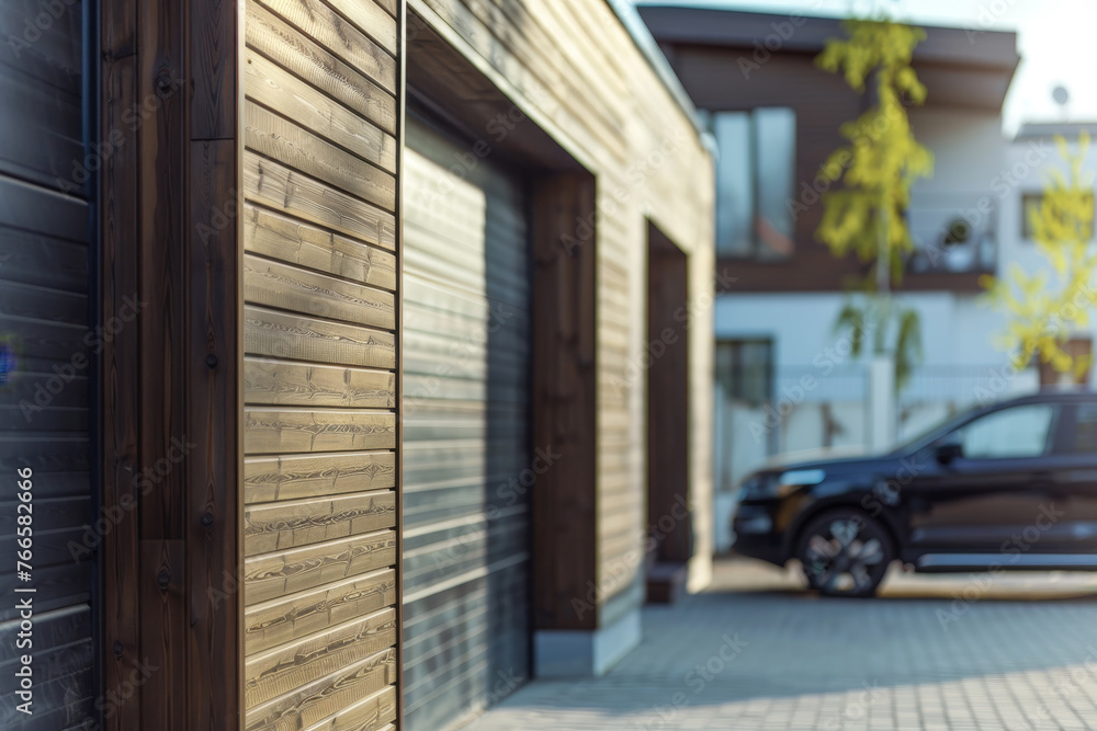 Fototapeta premium A close-up of a modern two-car garage. The garage is part of a contemporary home, with clean lines and a minimalist design