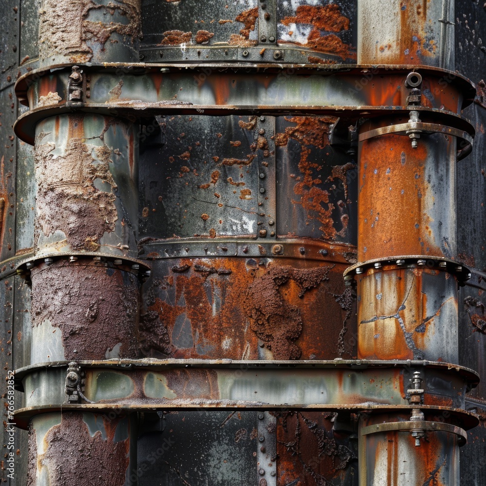 A vertical composition highlights the rust and texture of oxidized industrial pipes, portraying the passage of time.