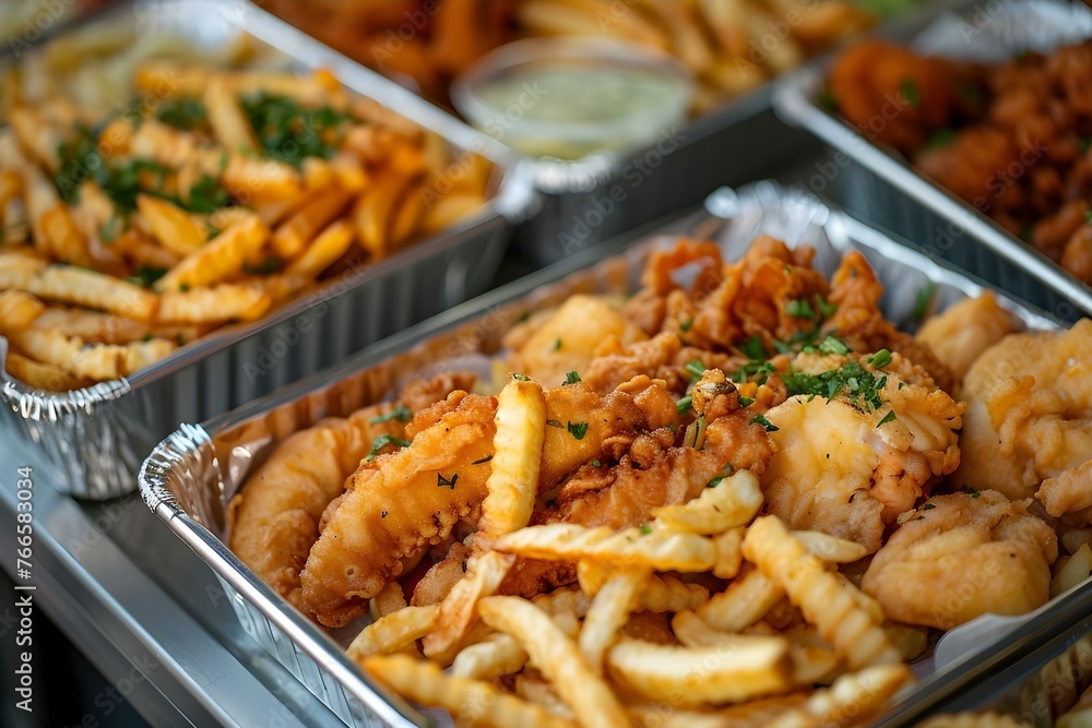A selection of tasty fried foods like French fries, fish, and chicken arranged on a metal tray. Concept Food Photography, Fried Foods, Delicious Display, Tasty Treats, Metal Tray Arrangement A selection of tasty fried foods like French fries, fish, and chicken arranged on a metal tray. Concept Food Photography, Fried Foods, Delicious Display, Tasty Treats, Metal Tray Arrangement