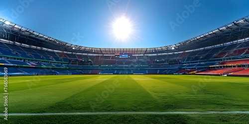 European football stadium with clear sky vibrant billboards and social media advertising showcasing modern technology and marketing strategies. Concept European Football Stadiums, Clear Sky