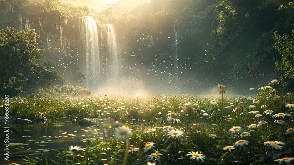 Fototapeta premium A mist coming up from the ground across a lush field with flowers, trees and a waterfall in the background. Generative AI.