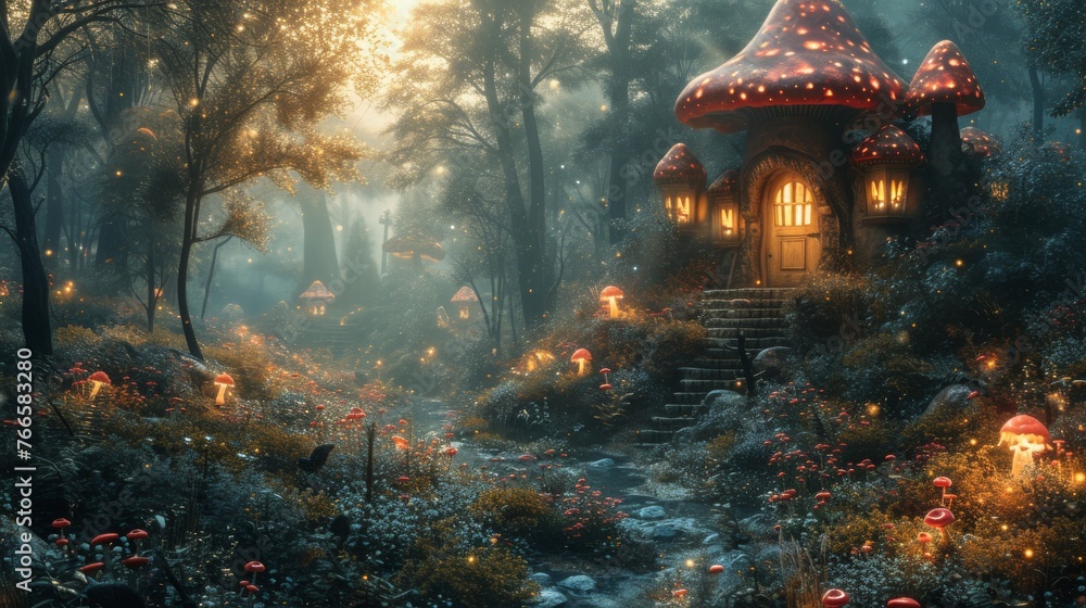 An enchanting digital art piece depicting a whimsical mushroom house in a mystical forest glade, illuminated by soft magical lights in a twilight setting - obrazy, fototapety, plakaty 