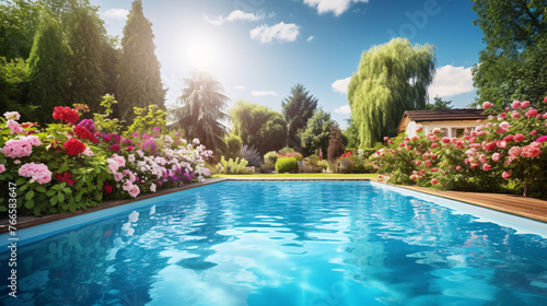 Swimming pool in the garden on a sunny summer day with flowers
