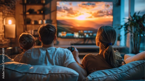Family playing a cooperative game on a console, Joyful interaction, Comfortable living room setting with a large screen, emotionally. Generative AI. photo