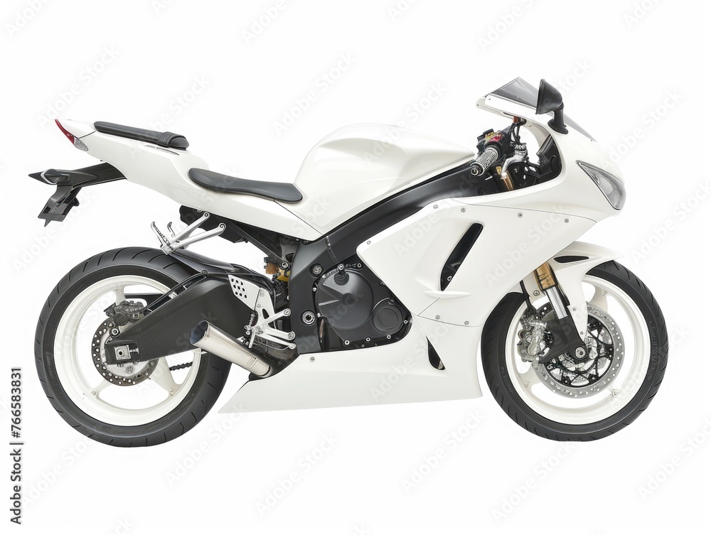 Motorcycle Isolated on White Background | Modern Japanese Motorbike for Transportation and Sport | White Sports Bike with Clipping Path and Single Wheel Object