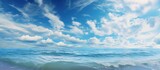Cumulus clouds float in the sky above the ocean, blending with the horizon and creating a beautiful natural landscape of water and fluid movements under the wind waves