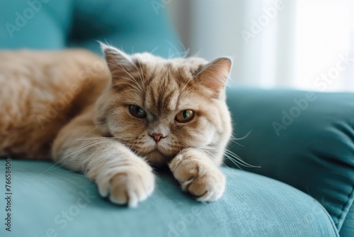 Serious Cat Portrait: Scottish Fold Resting on Blue Sofa with Haughty Look, Neatly Folded Paws, and Beautiful Soft Background of White Wall and Window