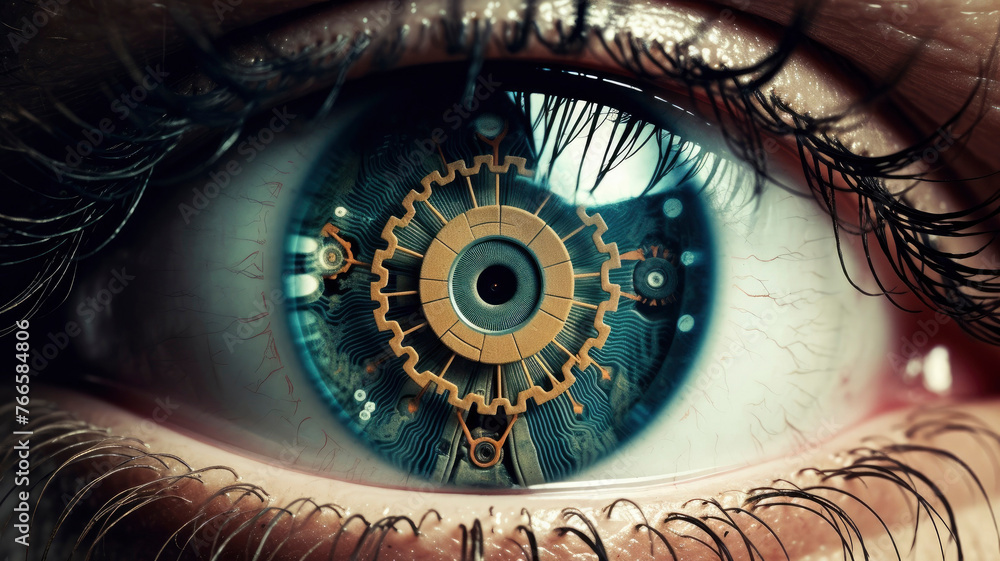 Close-up of a human eye with a gear in the center. The eye is surrounded by a blurry area, giving the impression of a machine or futuristic device