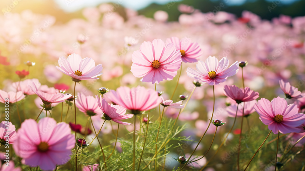 Cosmos flowers blooming in the garden. Beautiful nature background.