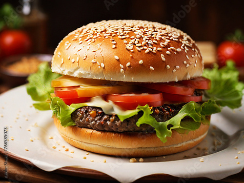 Hamburger on a large plate
