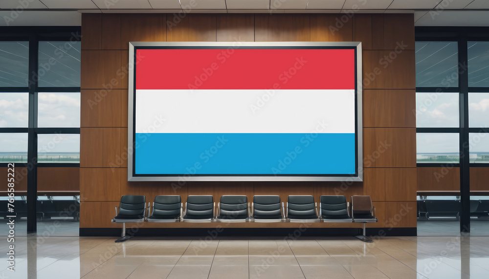 Luxembourg flag in the airport waiting room. The concept of flying for work, study, leisure. Luxembourg flag in the airport waiting room. The concept of flying for work, study, leisure.