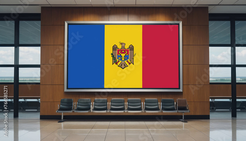Moldova flag in the airport waiting room. The concept of flying for work, study, leisure.