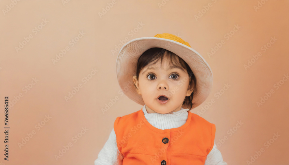 A portrait of a female toddler wearing a tilted hat and orange jumper against a colored background - the baby has a cute surprised look and is dressed in brightly colored clothing. A portrait of a female toddler wearing a tilted hat and orange jumper against a colored background - the baby has a cute surprised look and is dressed in brightly colored clothing.