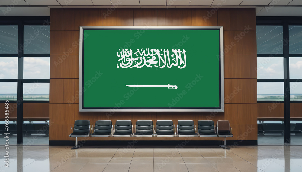 Saudi Arabia flag in the airport waiting room. The concept of flying for work, study, leisure.